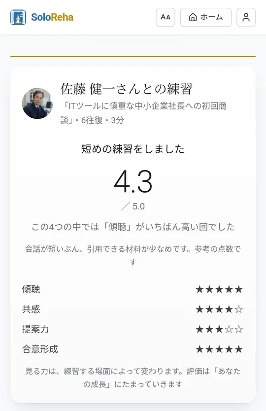 SoloReha 的点评界面。针对“向对IT工具持谨慎态度的中小企业社长进行首次商谈”（6个来回・3分钟）的练习，给出综合评分4.3分，并以星级分别评价倾听、共情、提案力、达成共识四个维度