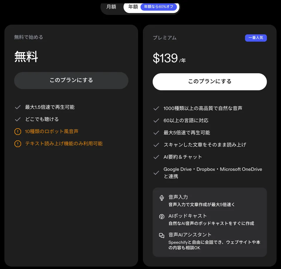 Speechify 的日语价格页面，选择年付时并列显示免费方案和高级版（每年 $139）的功能