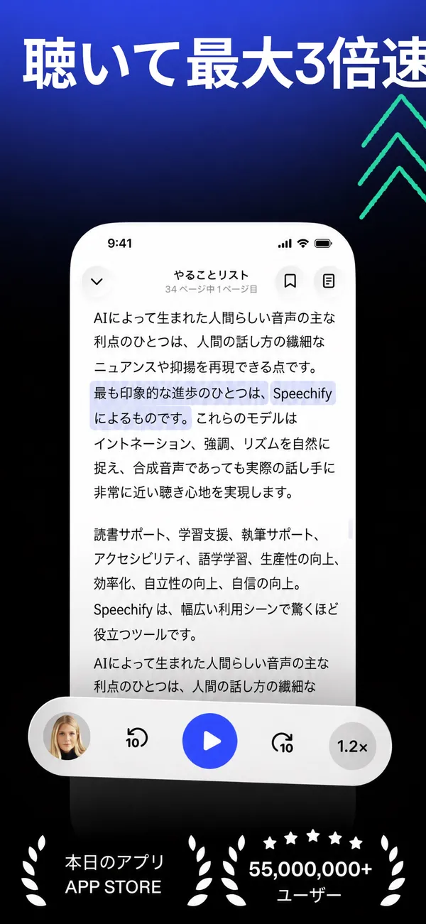 Speechify 应用正在朗读日语文本的画面，正在朗读的句子被高亮，下方有播放按钮和1.2倍速显示