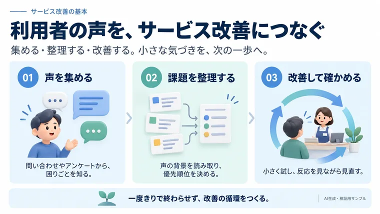 The original image before conversion. A slide with the heading "利用者の声を、サービス改善につなぐ" (Turn user feedback into service improvements) and, below it, three illustrated cards (collect feedback, organize issues, improve and verify), all as a single image
