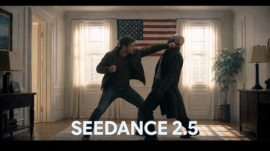 TopView が Seedance 2.5 で生成した映画のようなワンシーン。室内で2人が対峙する映像で「SEEDANCE 2.5」と表示されている