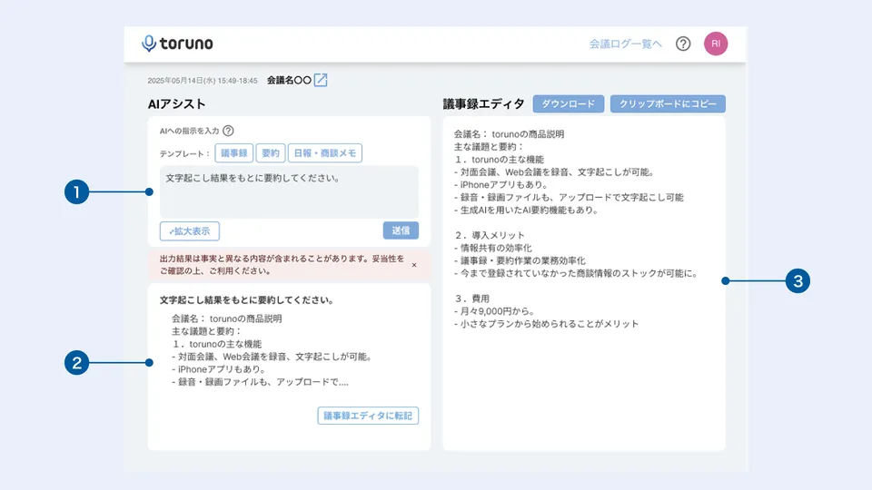 toruno AI Summary screen. The 'AIアシスト' (AI Assist) panel on the left has template buttons (minutes, summary, daily report / sales notes), a prompt input field and the generated summary; the 'minutes editor' panel on the right shows the transferred minutes with download and copy-to-clipboard buttons