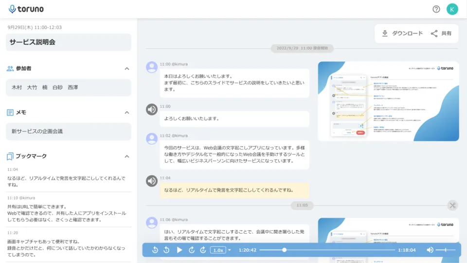 toruno meeting log screen. The left side shows the meeting name 'サービス説明会' (service briefing), participants, memo and bookmarks; the center shows remarks with times and speakers; the right shows slides captured automatically during the meeting; an audio playback bar runs along the bottom