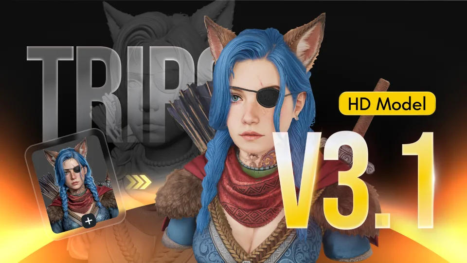 Tripo の HDモデル V3.1 の作例。左下の1枚のキャラクター画像（青い髪・眼帯）から、右の高精細な3Dモデルが生成され、背景にはワイヤーフレーム/ジオメトリが見える
