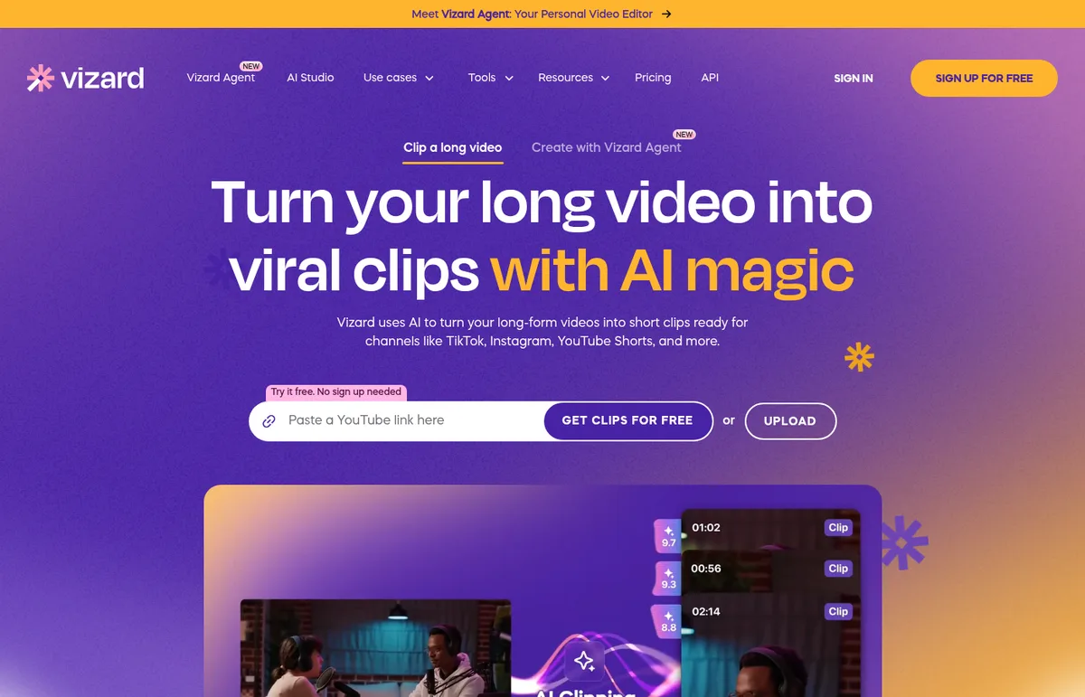The top page of Vizard's official site. In the center is the heading "Turn your long video into viral clips with AI magic," with an input box for a video link, a "GET CLIPS FOR FREE" button and an "UPLOAD" option below it. At the top are the tabs "Clip a long video" and "Create with Vizard Agent"