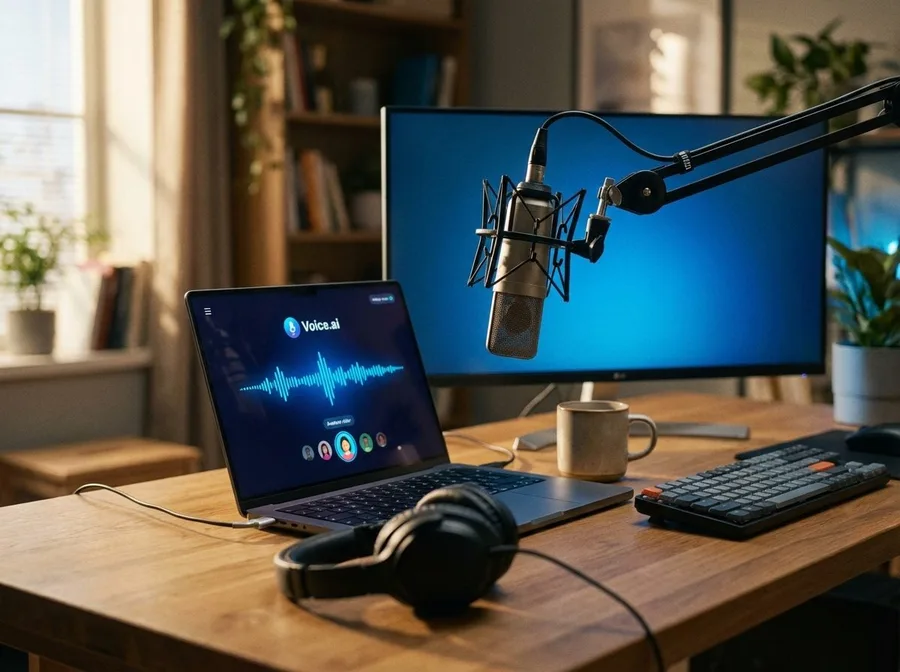 Voice.aiの利用イメージ。ノートPCにVoice.aiアプリ（波形と音声アバター）を表示し、マイク・ヘッドホンを備えた配信デスク