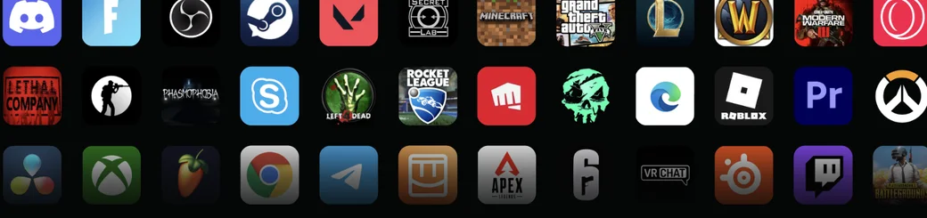 Voicemodが対応するアプリ・ゲームのアイコン一覧。Discord・OBS・Steam・Valorant・Minecraft・GTA V・League of Legends・Overwatch・Rocket League・Roblox・Twitch・Premiere Pro・VRChat など多数が並んでいる