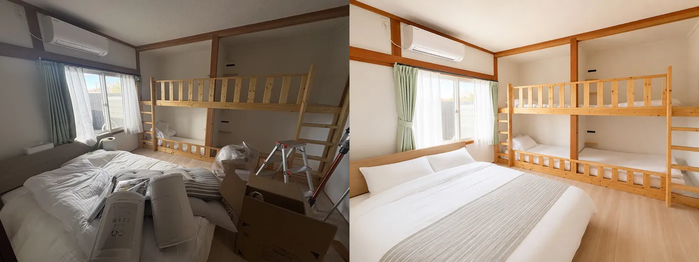 A correction example from the official website. On the left (Before), a dim guest room with bunk beds; the bed in front is piled with bedding and bags, and a stepladder and cardboard box stand on the floor. On the right (After), the same room is brighter, the stepladder, box and bags are gone, and the front bed is made with white sheets and pillows