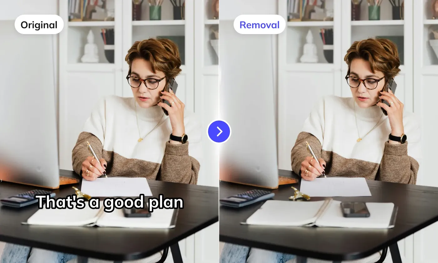 Official Weydub subtitle removal example. On the left (Original), a woman at a desk talking on the phone and taking notes, with the white subtitle That's a good plan burned into the bottom of the frame. On the right (Removal), the subtitle is gone and the desk, notebook and smartphone that were underneath are drawn in seamlessly