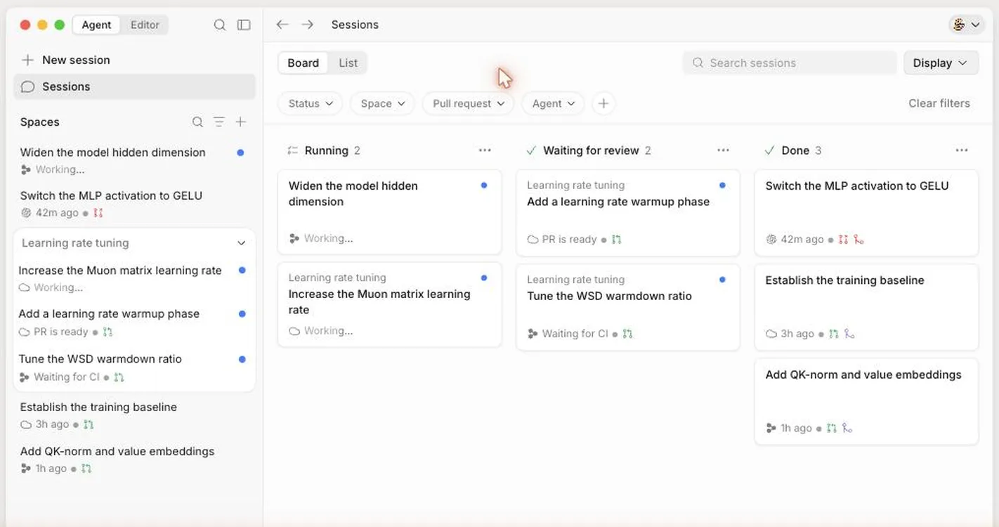 Devin Desktopの画面。左に実行中のセッションとSpaces、右に「Running／Waiting for review／Done」のボードで、複数のコーディングエージェントの作業状況を一覧管理している