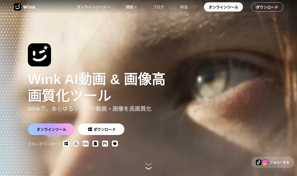 Wink 公式サイトの日本語トップページ。「Wink AI動画 & 画像高画質化ツール」の見出しの下に、オンラインツールとダウンロードのボタン、対応する環境のアイコンが並ぶ