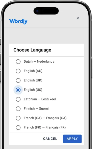 スマートフォンに表示されたWordlyの言語選択画面。「Choose Language」の見出しの下に、Dutch、English（AU）、English（UK）、English（US）、Estonian、Finnish、French（CA）、French（FR）がラジオボタンで並び、English（US）が選択されている
