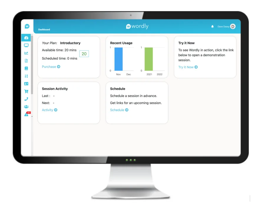Wordly Portalのダッシュボード画面。「Your Plan」に利用可能時間と予約済み時間、「Recent Usage」に月別・年別の利用実績グラフ、「Session Activity」「Schedule」「Try it Now」のカードが並んでいる
