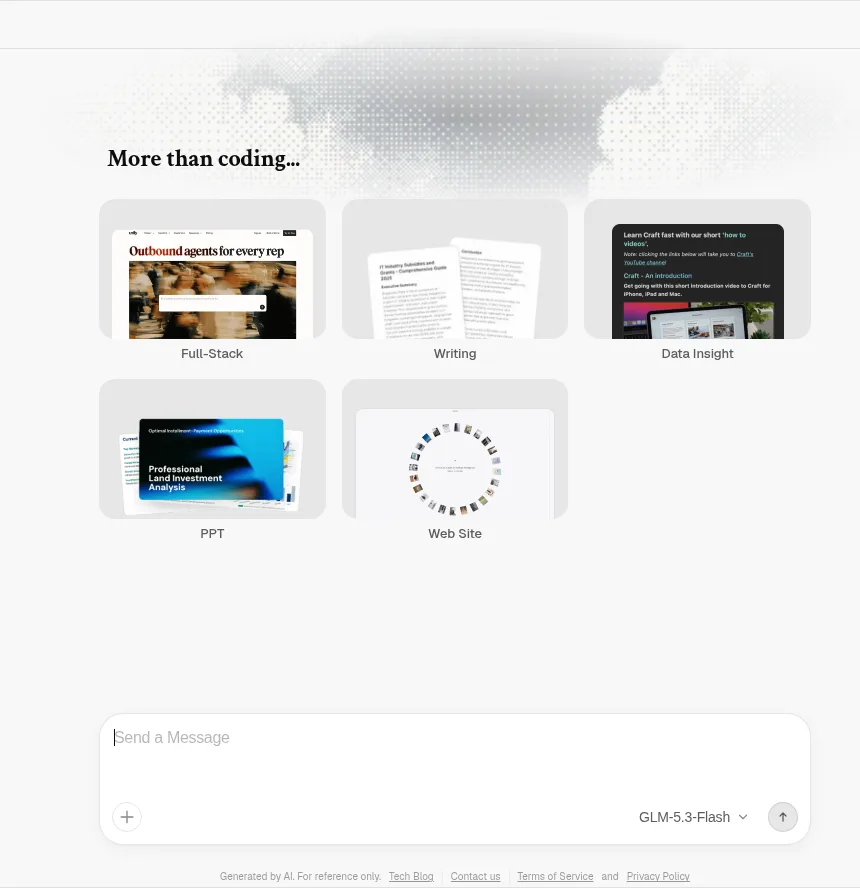 chat.z.ai的界面。在More than coding...标题下列有Full-Stack・Writing・Data Insight・PPT・Web Site的示例,下方消息输入框右侧选择了GLM-5.3-Flash