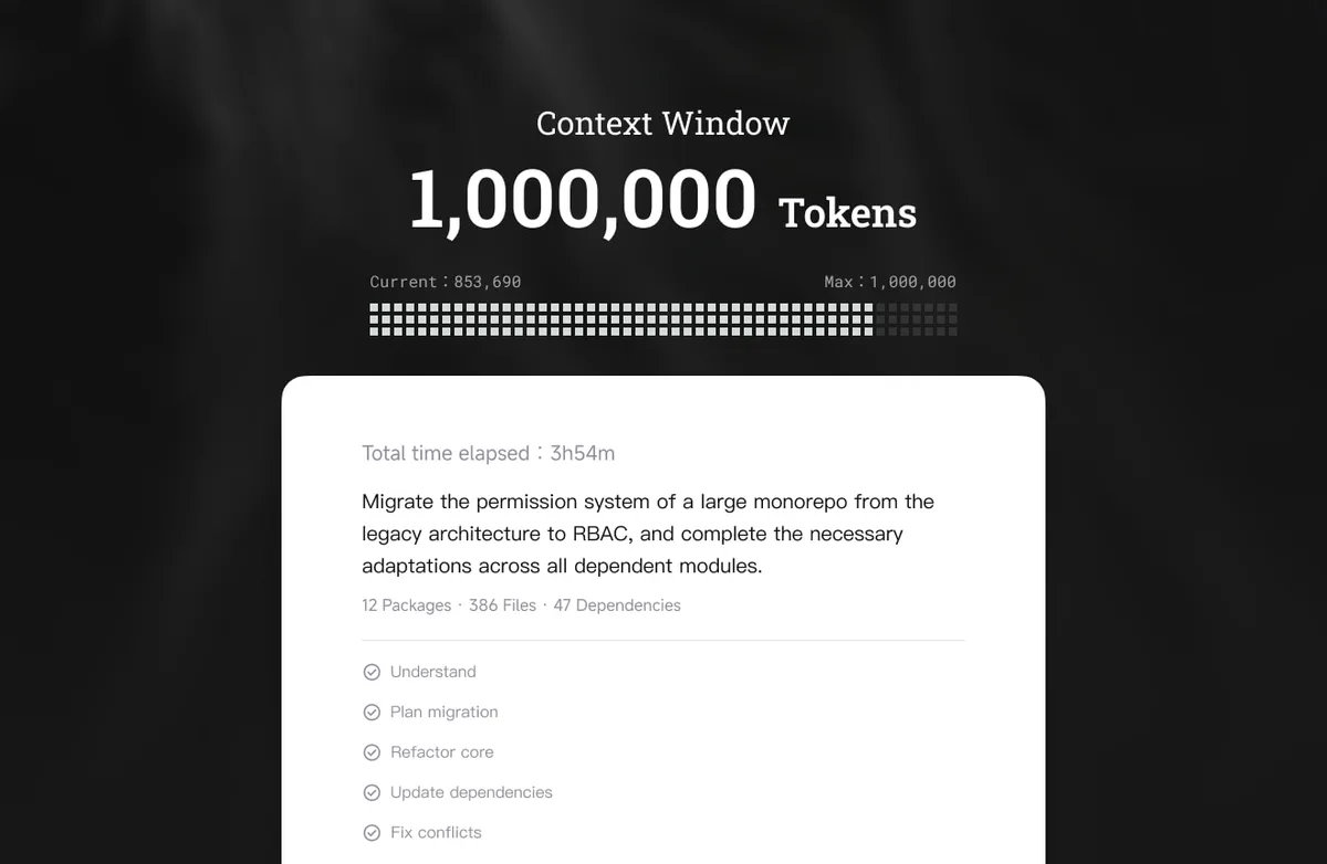 说明100万token上下文窗口的图片。将大型单体仓库的权限系统从旧架构迁移到RBAC并适配所有依赖模块的任务,上下文用量已达853,690 token